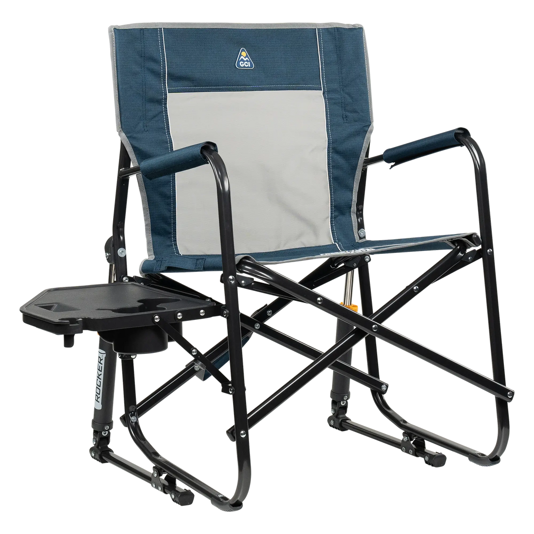 Premium All-Weather Freestyle Rocker with Side Table - Choice 853 - Heavy-Duty Kickback Rocker with Beverage Holder - Heathered Indigo