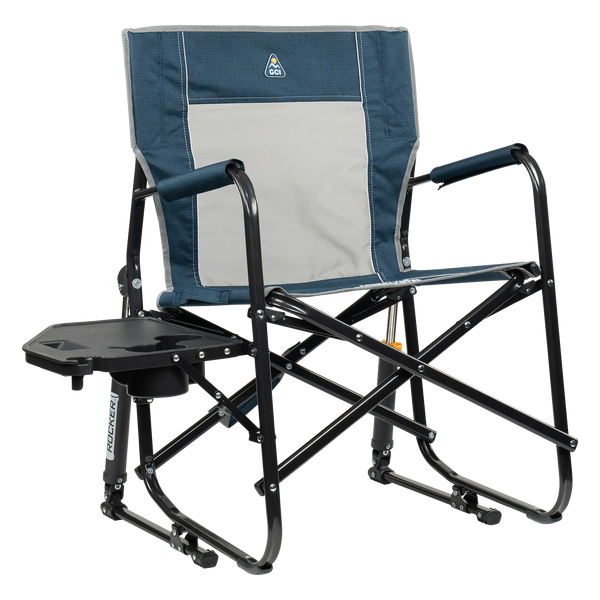 Premium All-Weather Freestyle Rocker with Side Table - Choice 853 - Heavy-Duty Kickback Rocker with Beverage Holder - Heathered Indigo