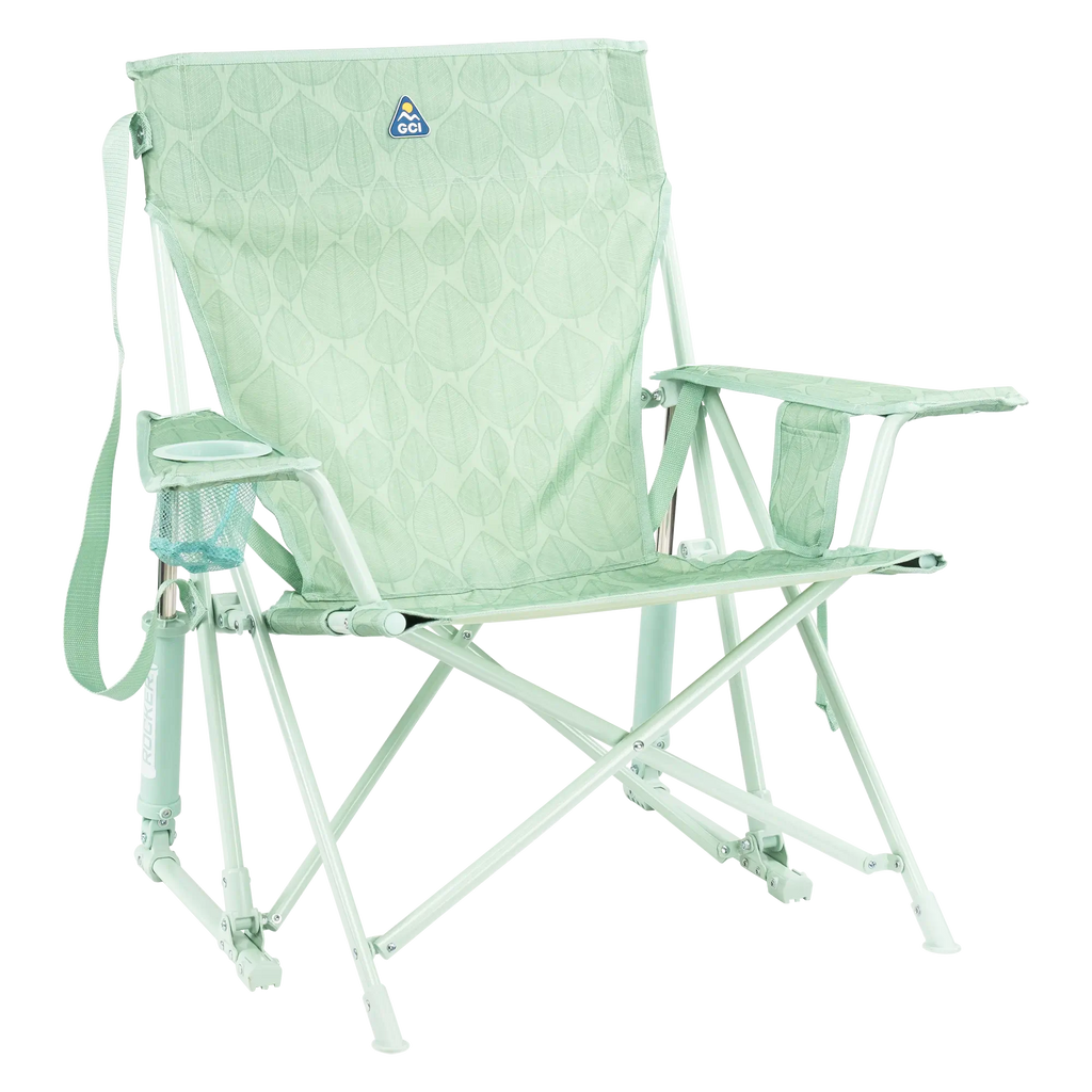 Luxury Camp Kickback Rocker - Choice 345 - Heavy-Duty Kickback Rocker with Beverage Holder - Pastel Green Leaf