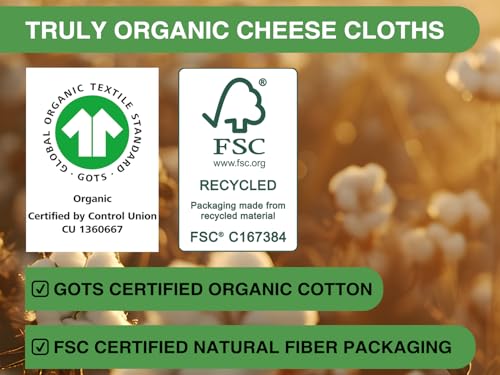 Classic Organic Cheese Cloths, GOTS Certified, Grade 100, 36x36Inch, Reusable Cheese Kit