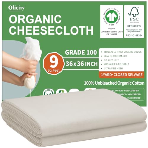 Classic Organic Cheese Cloths, GOTS Certified, Grade 100, 36x36Inch, Reusable Cheese Kit