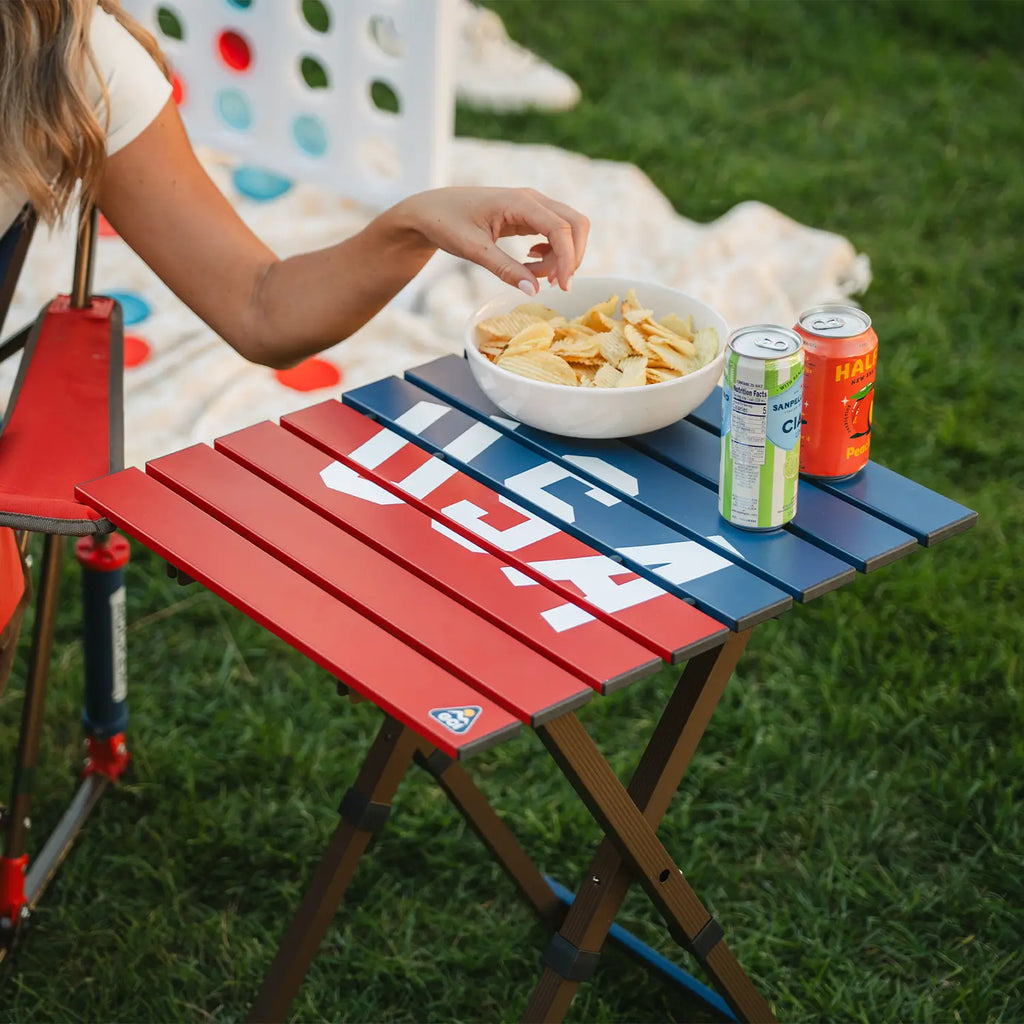 Heavy-Duty Grilling Compact Camp Table 20 - USA Anniversary Deluxe - Choice 757 - Portable Camping Table with Heat-Resistant Countertop Detail