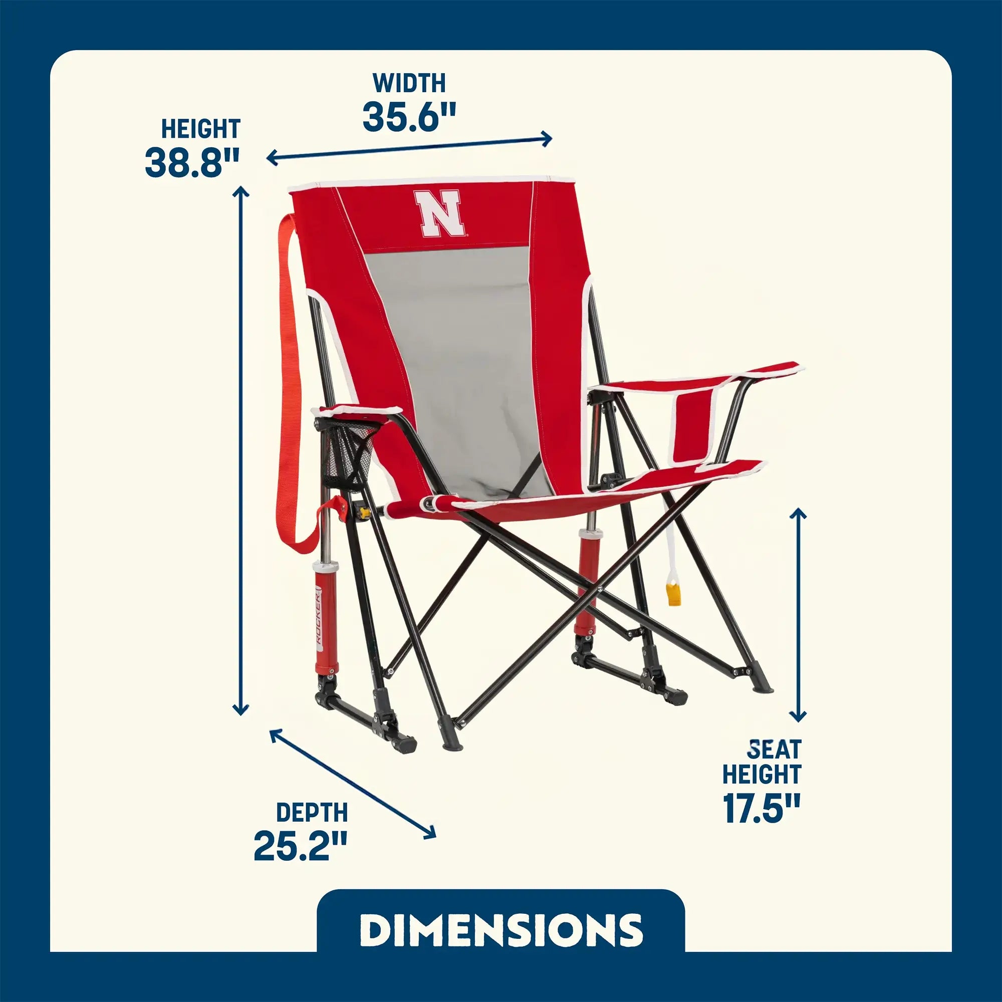 Premium All-Weather College Comfort Pro Rocker - Nebraska Cornhuskers - Choice 161 - Heavy-Duty Kickback Rocker with Beverage Holder Detail