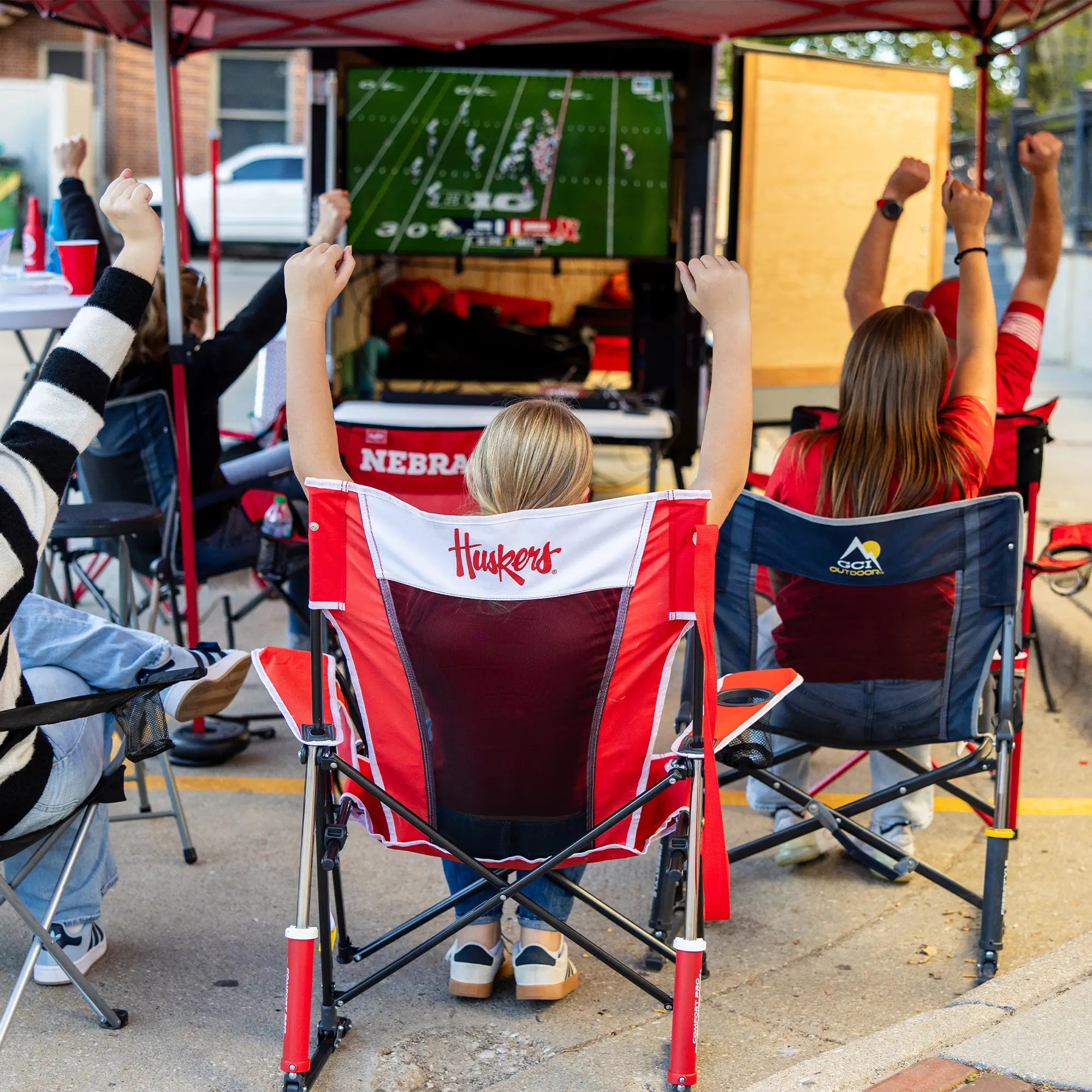 Premium All-Weather College Comfort Pro Rocker - Nebraska Cornhuskers - Choice 161 - Heavy-Duty Kickback Rocker with Beverage Holder Detail