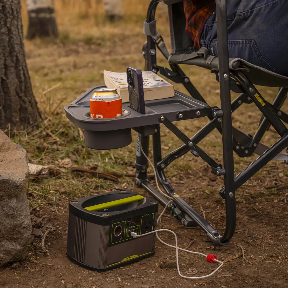 Luxury Camp Stowaway Rocker with Side Table - Choice 253 - Heavy-Duty Kickback Rocker with Beverage Holder Detail