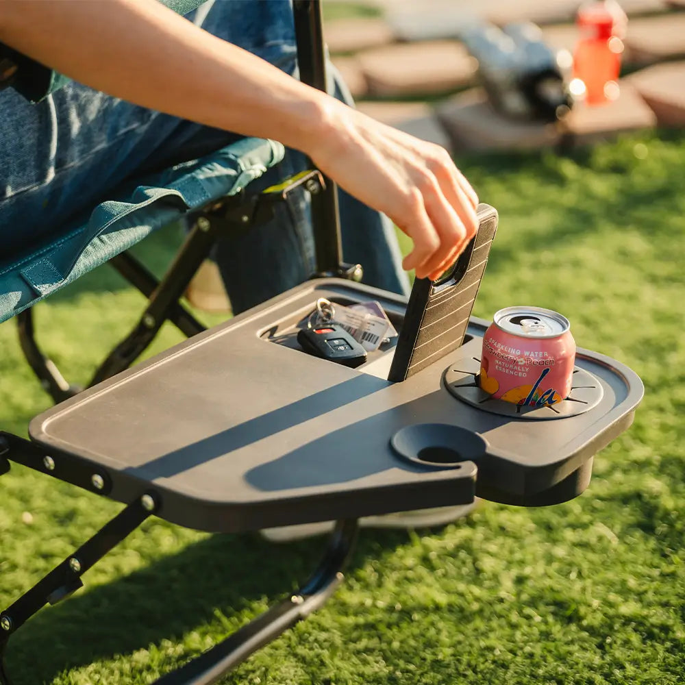 Luxury Camp Stowaway Rocker with Side Table - Choice 253 - Heavy-Duty Kickback Rocker with Beverage Holder Detail