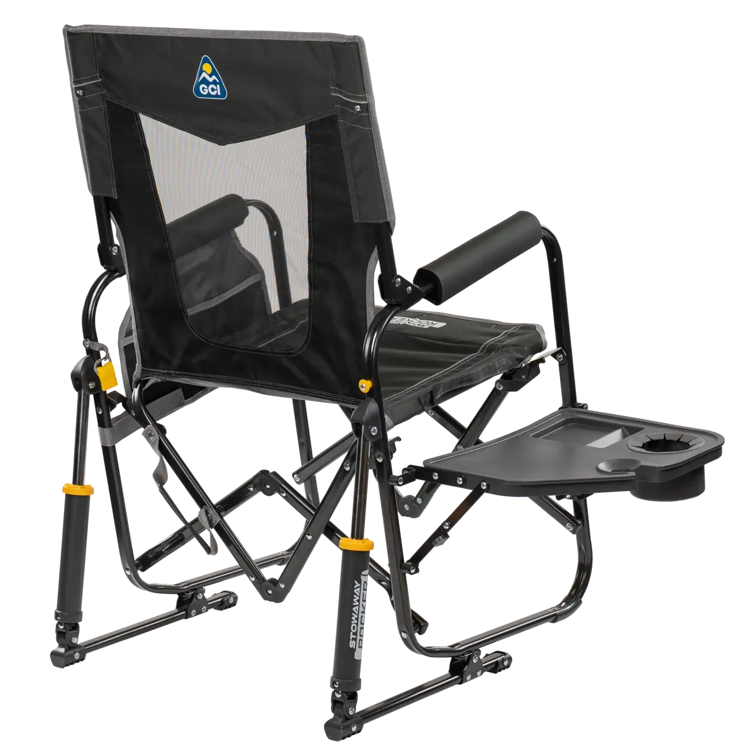Luxury Camp Stowaway Rocker with Side Table - Choice 253 - Heavy-Duty Kickback Rocker with Beverage Holder Detail