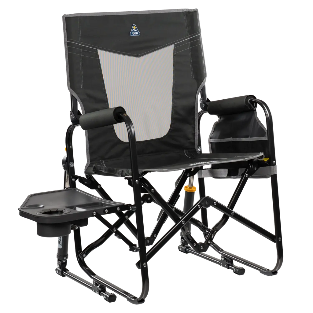 Luxury Camp Stowaway Rocker with Side Table - Choice 253 - Heavy-Duty Kickback Rocker with Beverage Holder - Dark Charcoal