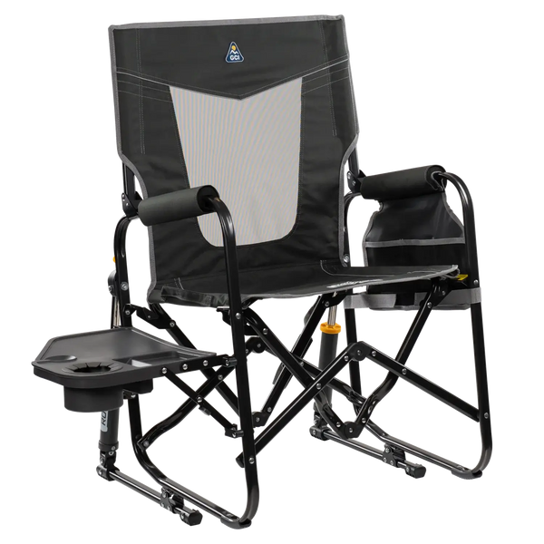 Luxury Camp Stowaway Rocker with Side Table - Choice 253 - Heavy-Duty Kickback Rocker with Beverage Holder - Dark Charcoal