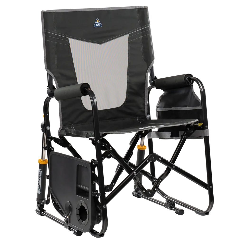 Luxury Camp Stowaway Rocker with Side Table - Choice 253 - Heavy-Duty Kickback Rocker with Beverage Holder Detail