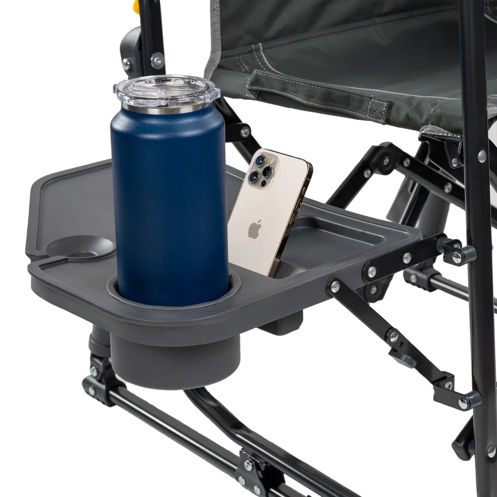 Luxury Camp Stowaway Rocker with Side Table - Choice 253 - Heavy-Duty Kickback Rocker with Beverage Holder Detail