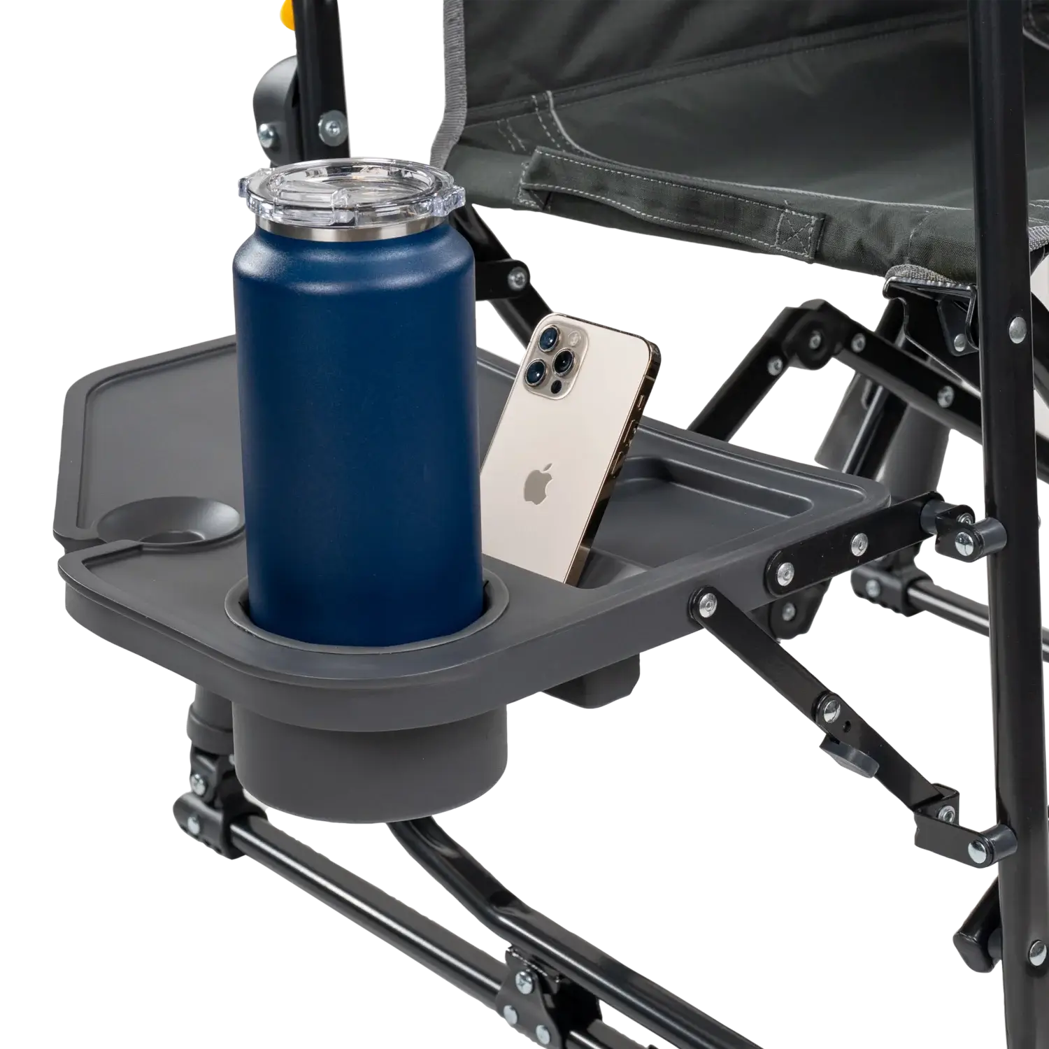 Luxury Camp Stowaway Rocker with Side Table - Choice 253 - Heavy-Duty Kickback Rocker with Beverage Holder Detail