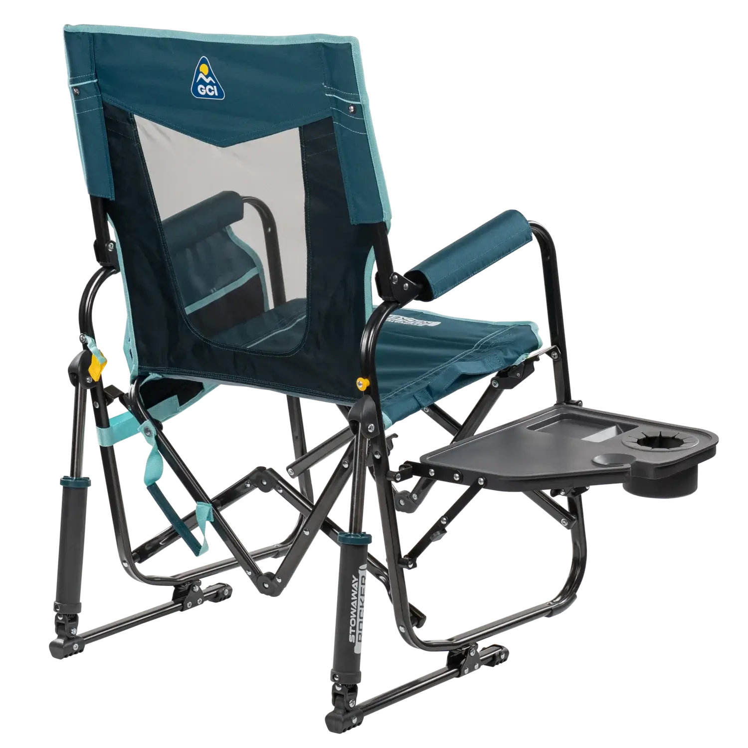 Luxury Camp Stowaway Rocker with Side Table - Choice 253 - Heavy-Duty Kickback Rocker with Beverage Holder Detail