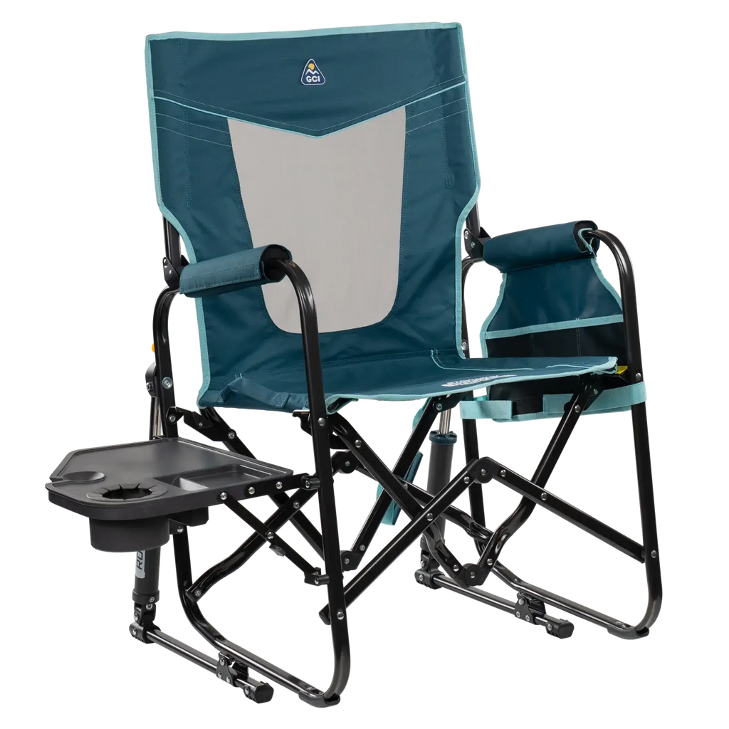 Luxury Camp Stowaway Rocker with Side Table - Choice 253 - Heavy-Duty Kickback Rocker with Beverage Holder - Teal