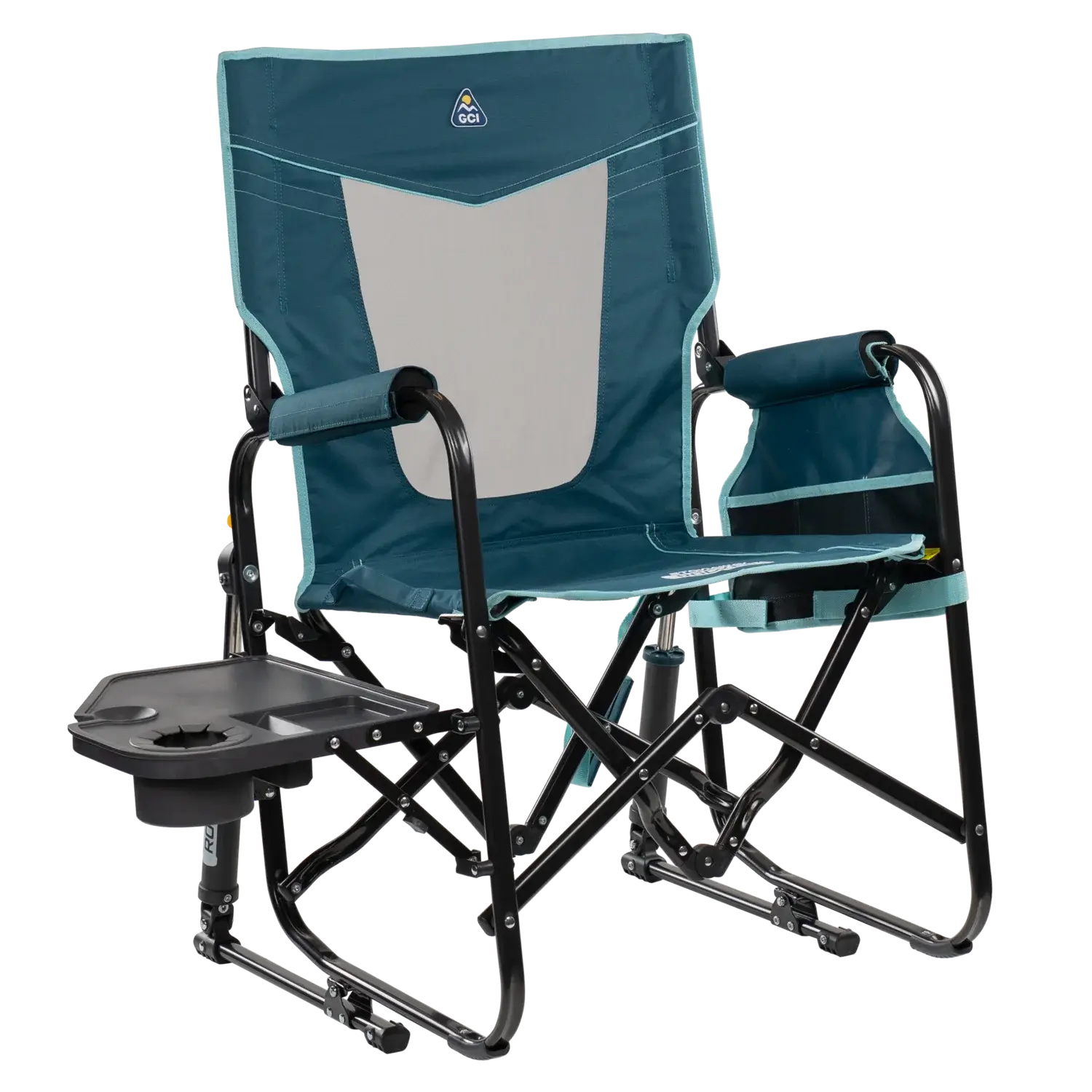 Luxury Camp Stowaway Rocker with Side Table - Choice 253 - Heavy-Duty Kickback Rocker with Beverage Holder - Teal