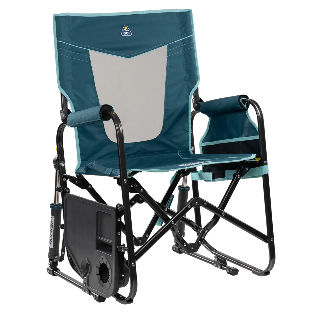 Luxury Camp Stowaway Rocker with Side Table - Choice 253 - Heavy-Duty Kickback Rocker with Beverage Holder Detail