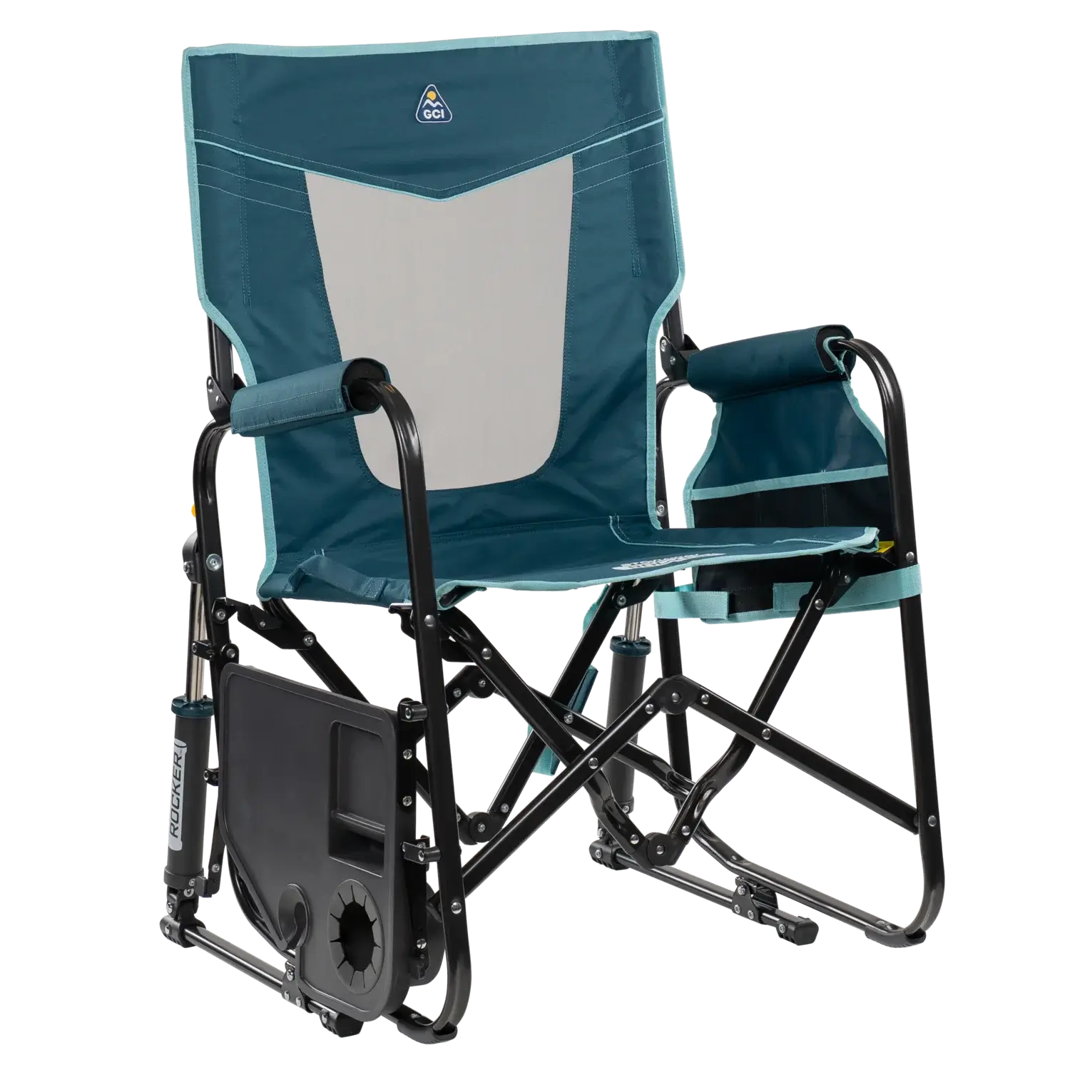 Luxury Camp Stowaway Rocker with Side Table - Choice 253 - Heavy-Duty Kickback Rocker with Beverage Holder Detail