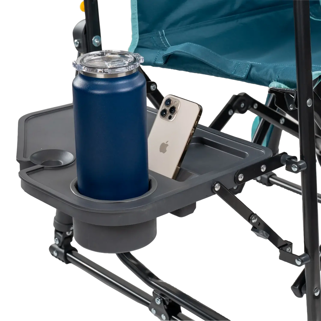 Luxury Camp Stowaway Rocker with Side Table - Choice 253 - Heavy-Duty Kickback Rocker with Beverage Holder Detail